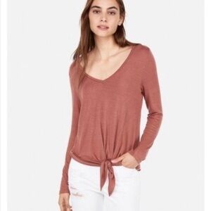 Express One Eleven V-Neck Tie Front Easy Long Sleeve Lightweight Shirt Normcore